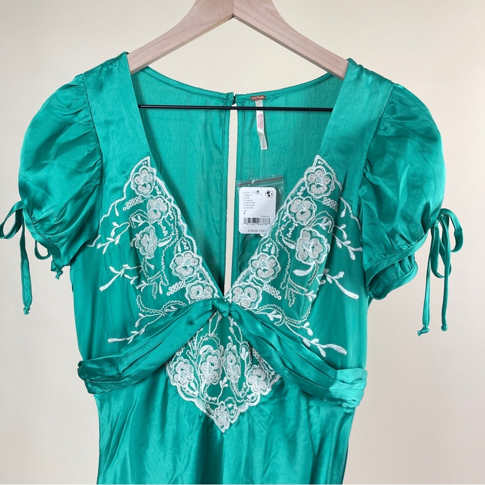 Free People Emerald Green Satin Maxi Dress with Embroidered Bodice - Picture 7 of 10